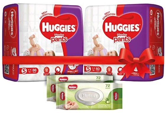 Combo Pack : Huggies Diapers (146 Count) + Huggies Baby Wipes &  Pack of 2 (144 Wipes)