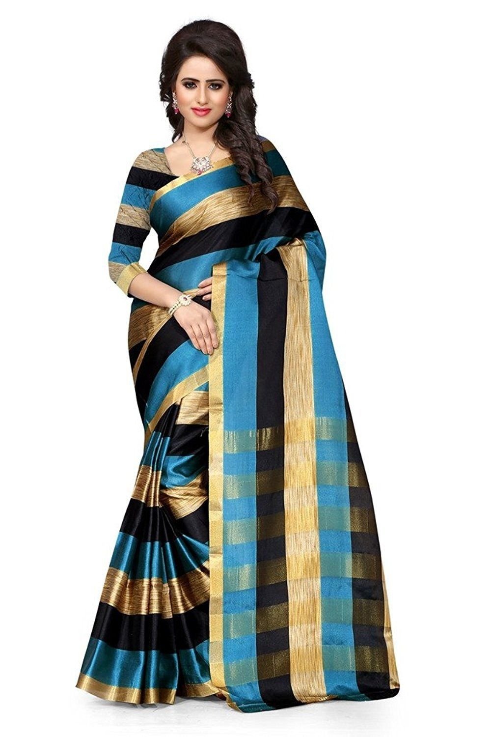 PerfectBlue Cotton Saree With Blouse Piece