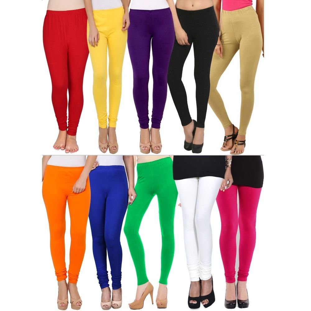 Multicoloured Cotton Lycra Leggings Pack Of 10