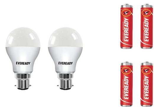 Eveready B22 7-Watt LED Bulb (Pack of 2) with Free 4 batteries